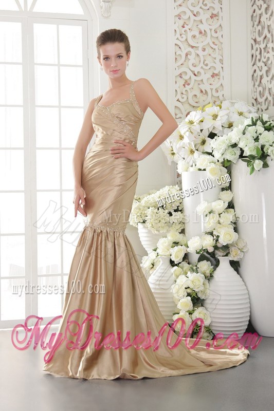 Champagne Mermaid Straps Brush Train Beaded Prom Gown with Criss Cross Back