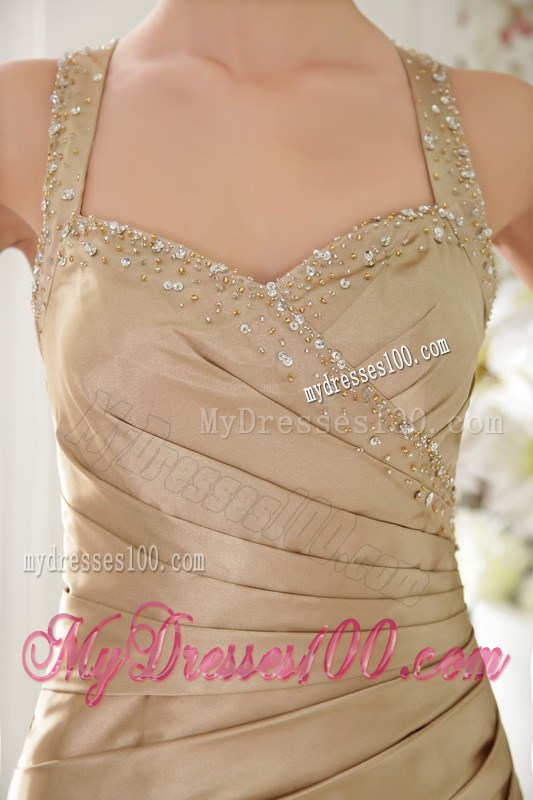 Champagne Mermaid Straps Brush Train Beaded Prom Gown with Criss Cross Back