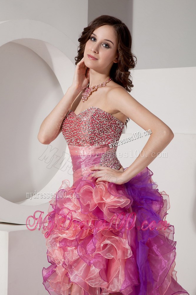 Colorful High-low Beading Decorated Prom Evening gown with Ruffles