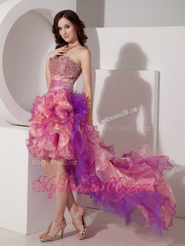 Colorful High-low Beading Decorated Prom Evening gown with Ruffles