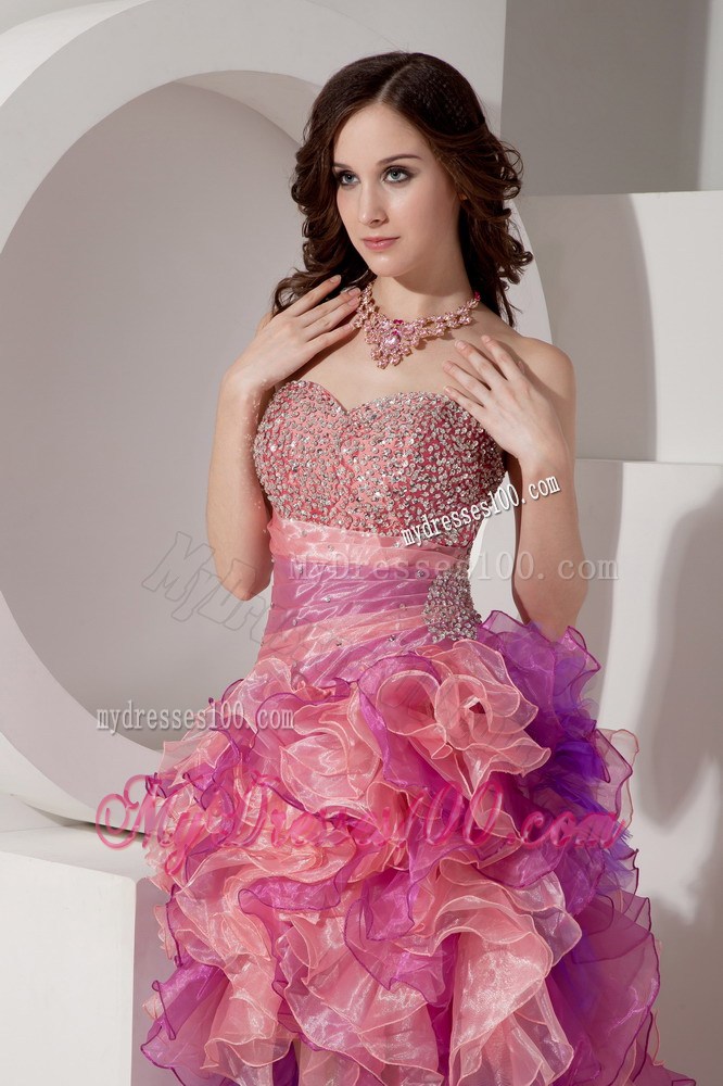 Colorful High-low Beading Decorated Prom Evening gown with Ruffles
