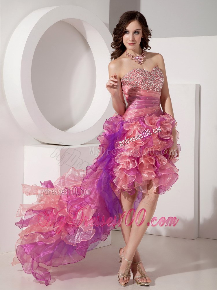 Colorful High-low Beading Decorated Prom Evening gown with Ruffles