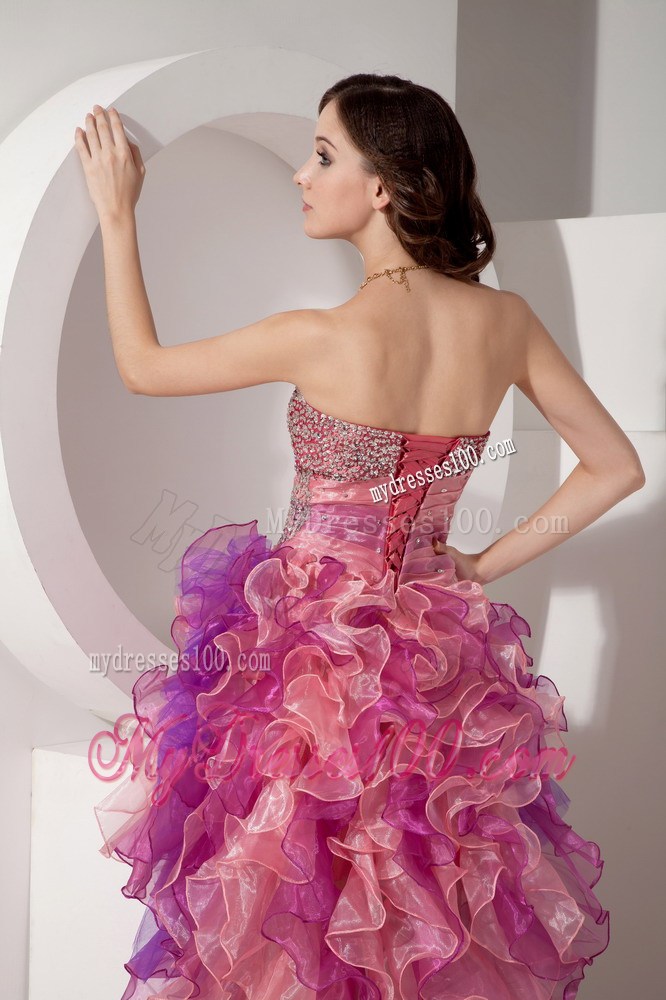 Colorful High-low Beading Decorated Prom Evening gown with Ruffles