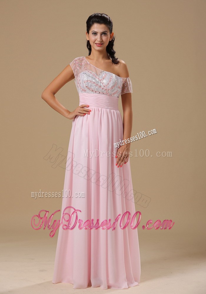 Baby Pink Chiffon Floor-length Prom Dresses with Asymmetrical Shoulders