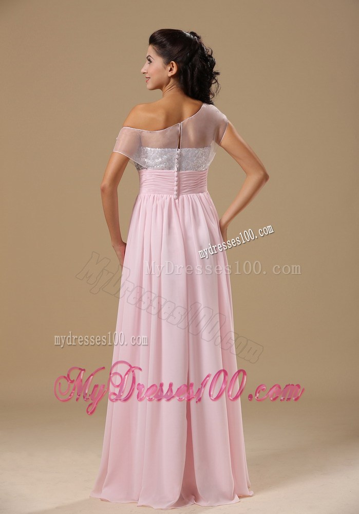 Baby Pink Chiffon Floor-length Prom Dresses with Asymmetrical Shoulders