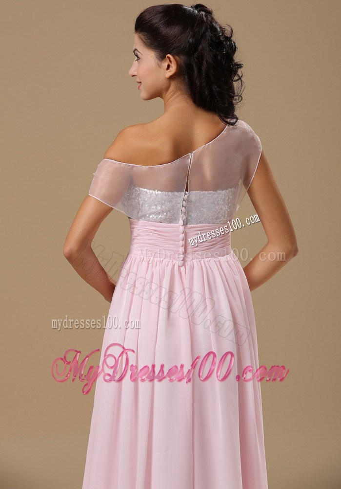 Baby Pink Chiffon Floor-length Prom Dresses with Asymmetrical Shoulders