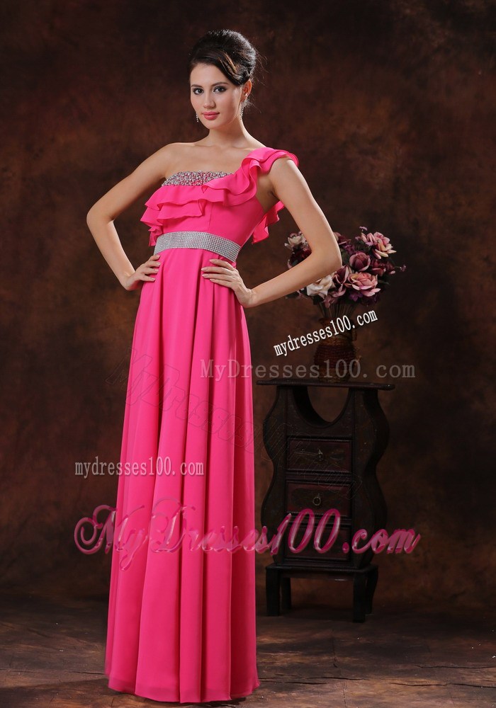 Flounced and Beaded Single Shoulder Floor-length Prom Dress in Coral Red