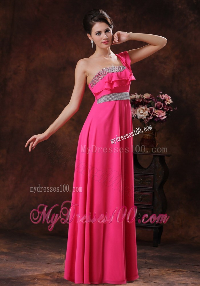 Flounced and Beaded Single Shoulder Floor-length Prom Dress in Coral Red