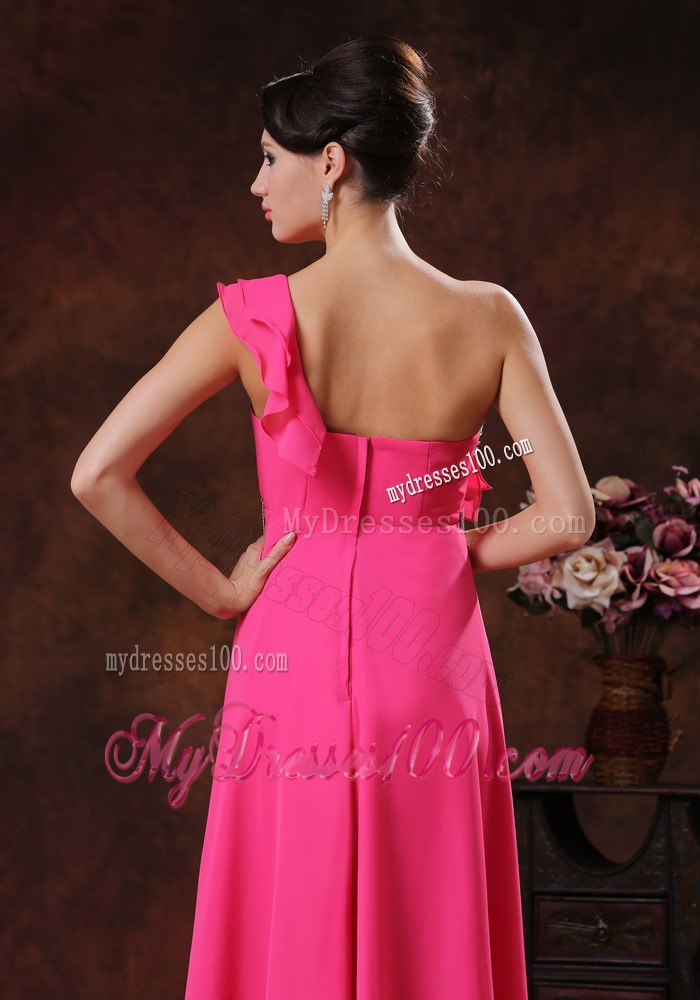 Flounced and Beaded Single Shoulder Floor-length Prom Dress in Coral Red