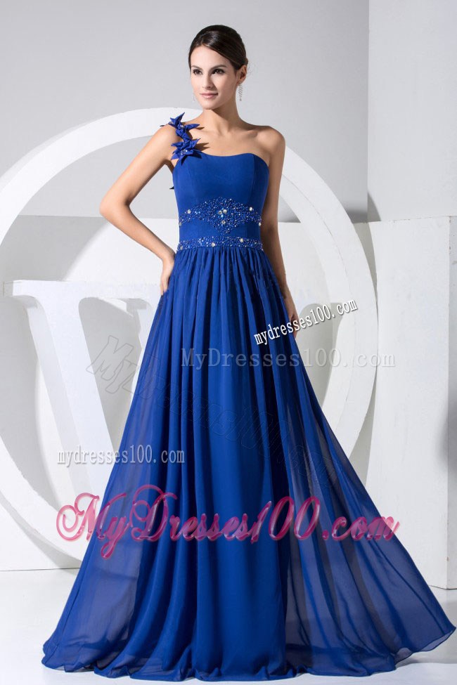 One Shoulder Beading and Hand Made Flowers Decorated Blue Prom Gown
