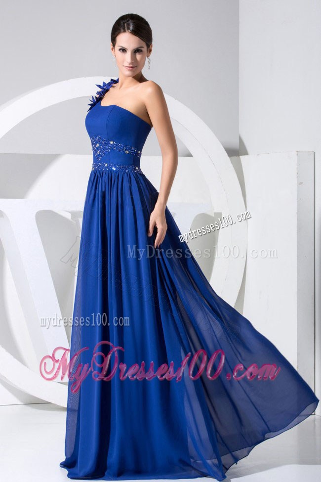 One Shoulder Beading and Hand Made Flowers Decorated Blue Prom Gown