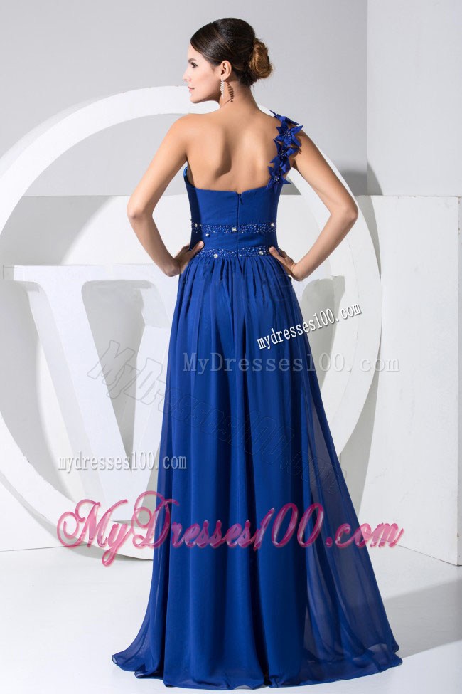 One Shoulder Beading and Hand Made Flowers Decorated Blue Prom Gown