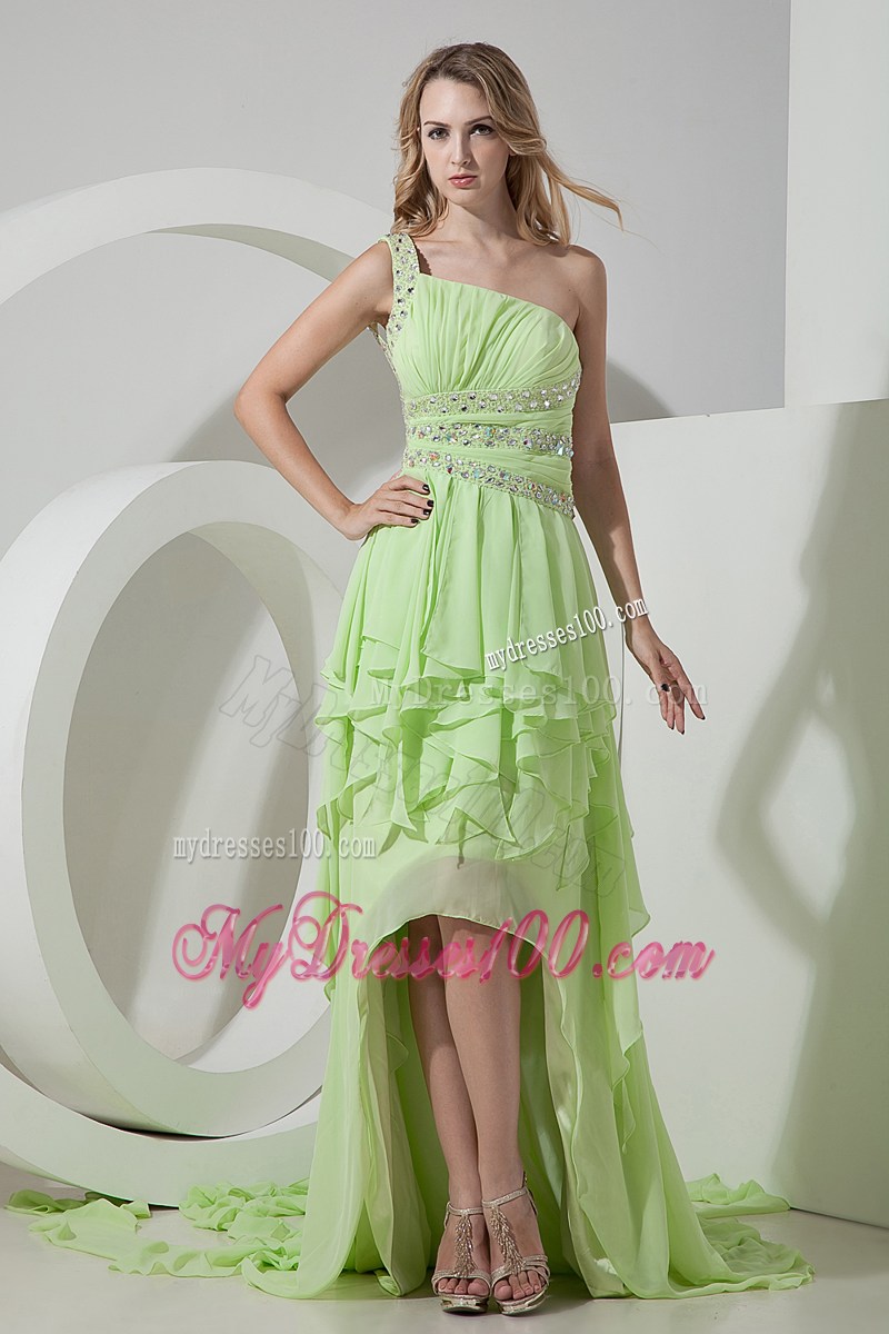 Light Green One Shoulder High-low Prom Dress with Beading and Ruffles