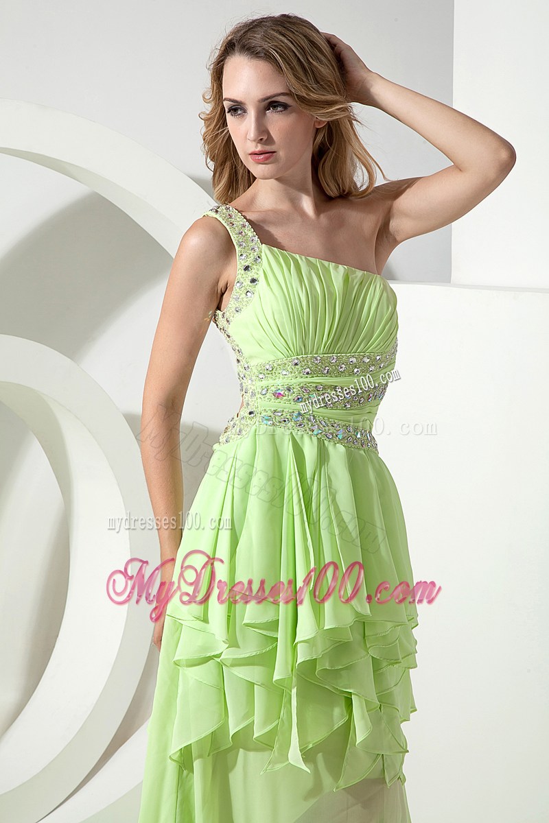 Light Green One Shoulder High-low Prom Dress with Beading and Ruffles