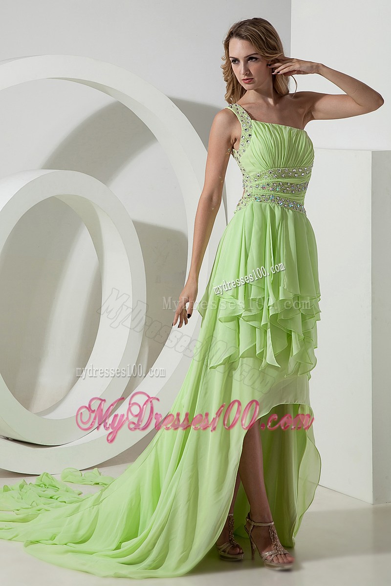 Light Green One Shoulder High-low Prom Dress with Beading and Ruffles
