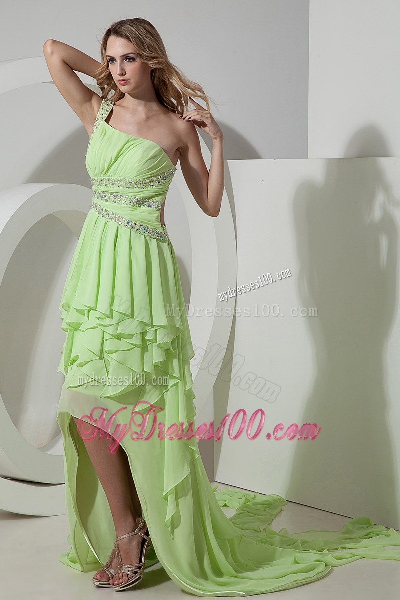 Light Green One Shoulder High-low Prom Dress with Beading and Ruffles