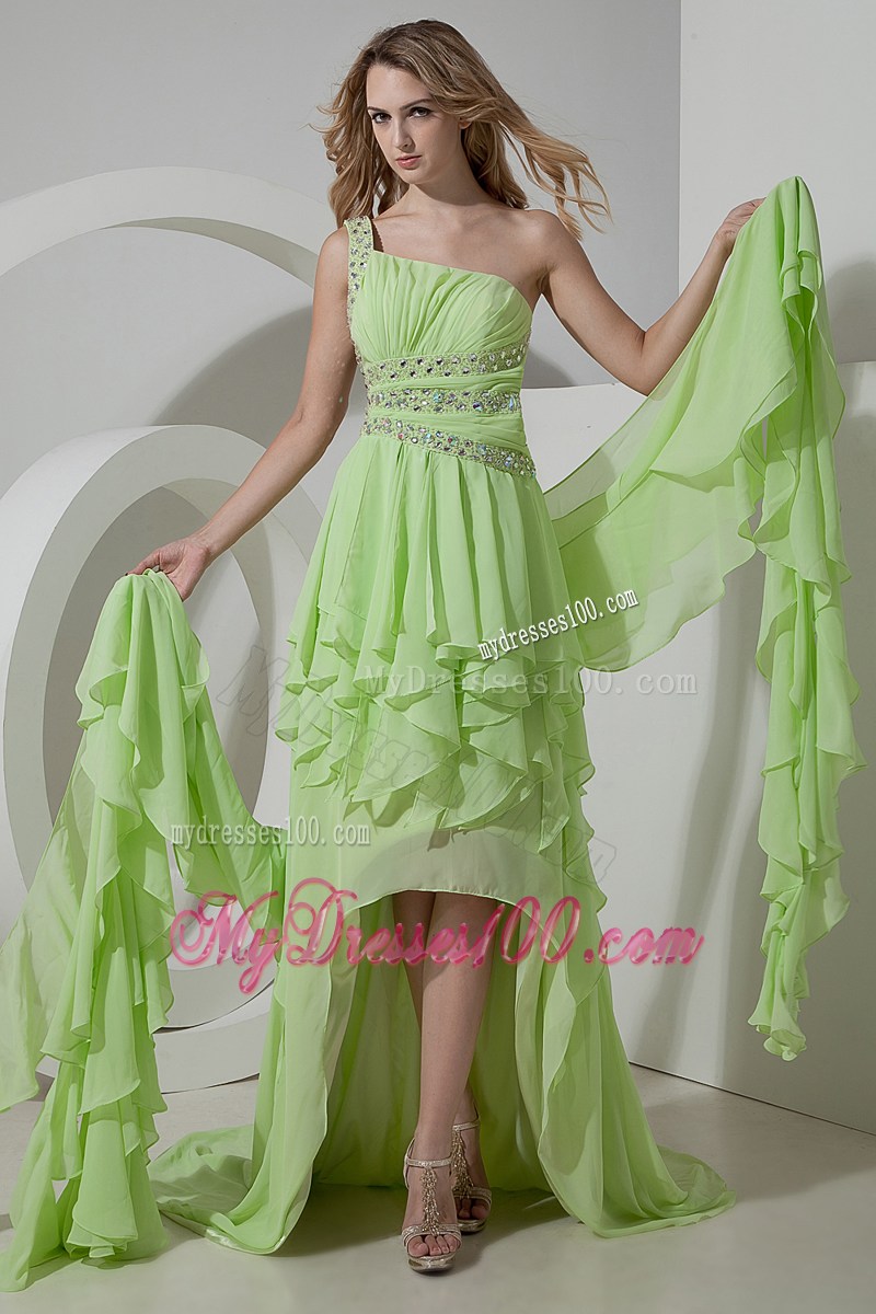 Light Green One Shoulder High-low Prom Dress with Beading and Ruffles