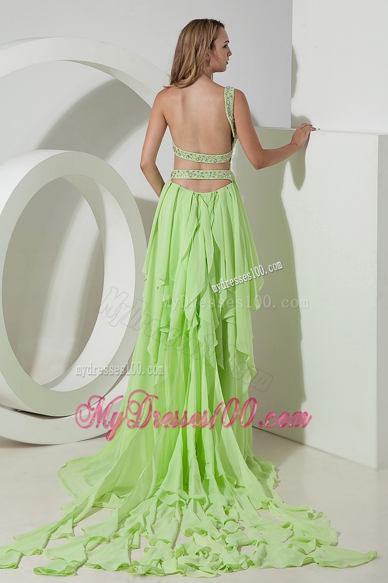 Light Green One Shoulder High-low Prom Dress with Beading and Ruffles