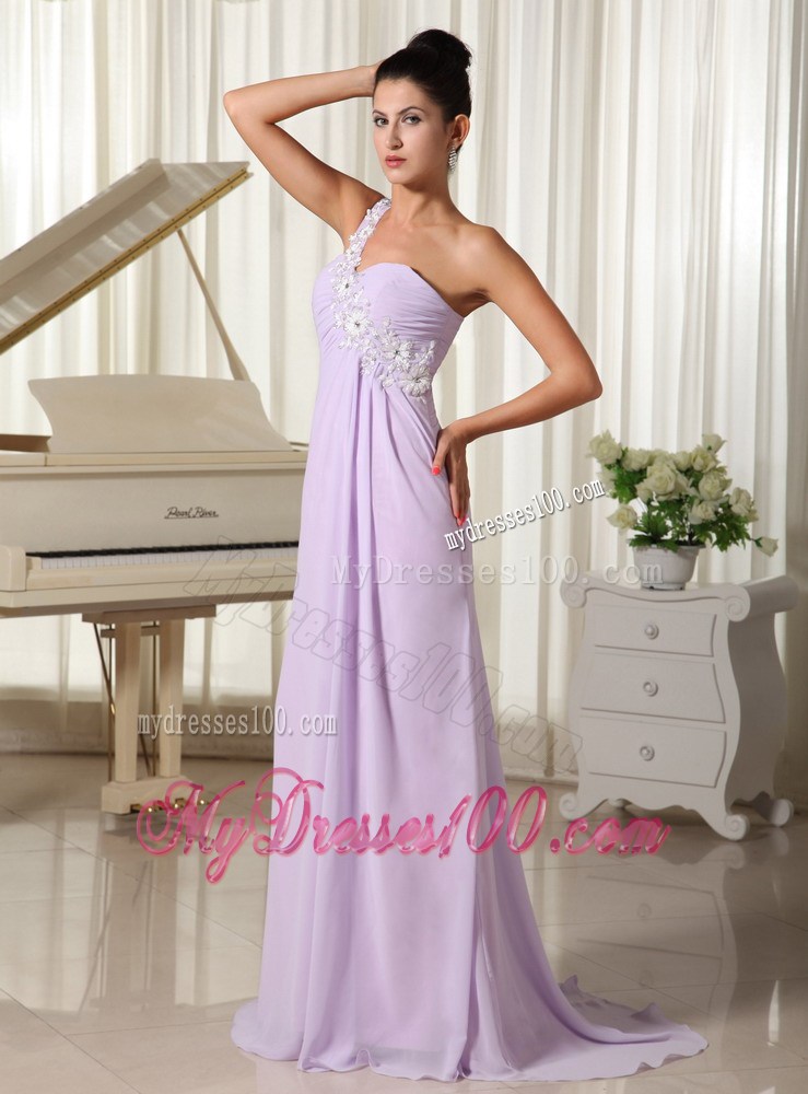 Appliques Decorate One Shoulder Brush Train 2013 Prom Gown in Lilac