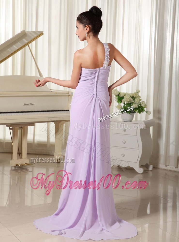 Appliques Decorate One Shoulder Brush Train 2013 Prom Gown in Lilac