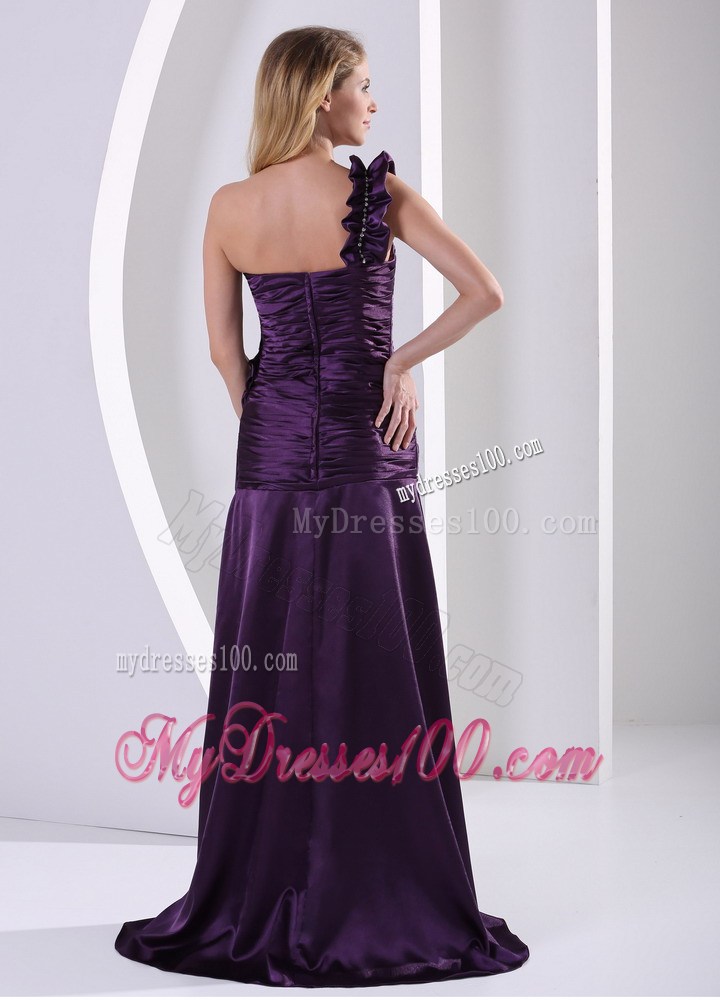 Ruched and Beaded Dark Purple High Slit One Shoulder Dress for Prom