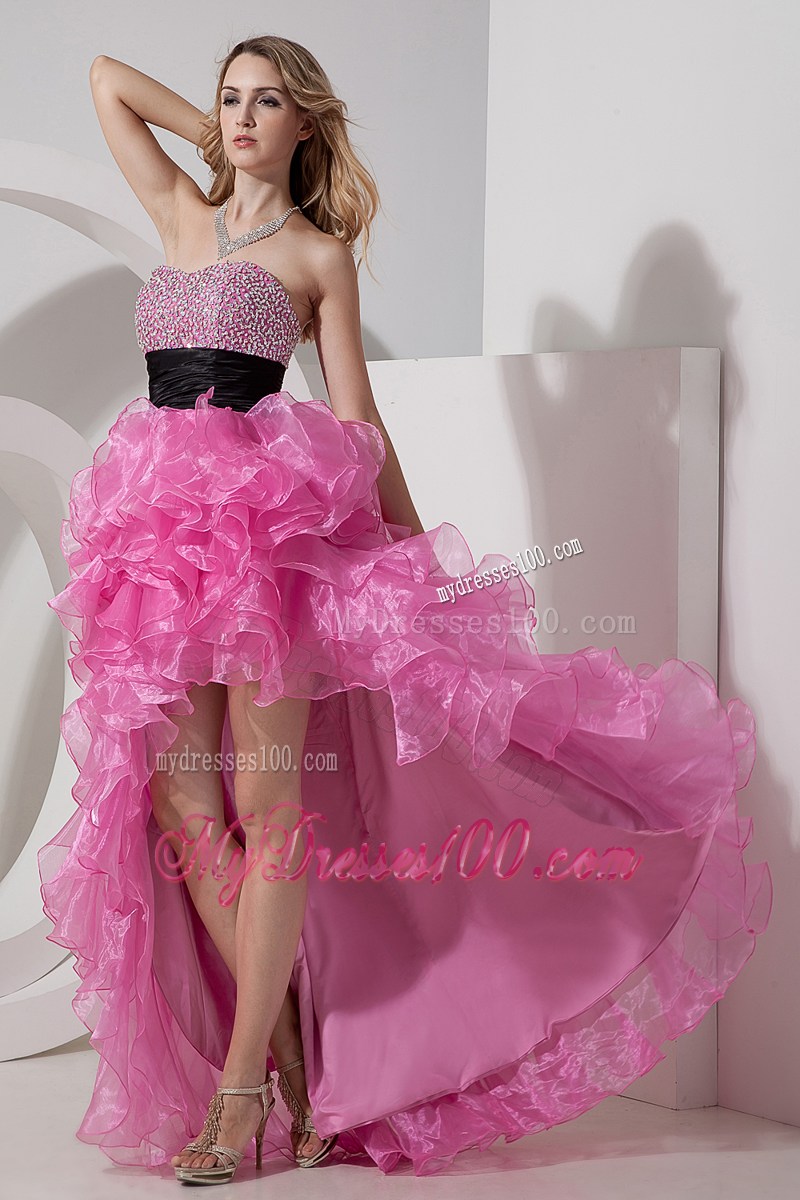 Rose Pink A-line Sweetheart High-low Prom Evening Dress with Black Waist