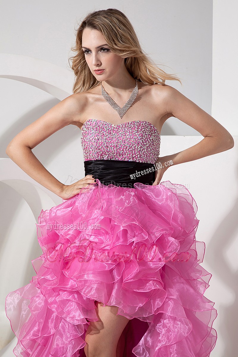 Rose Pink A-line Sweetheart High-low Prom Evening Dress with Black Waist