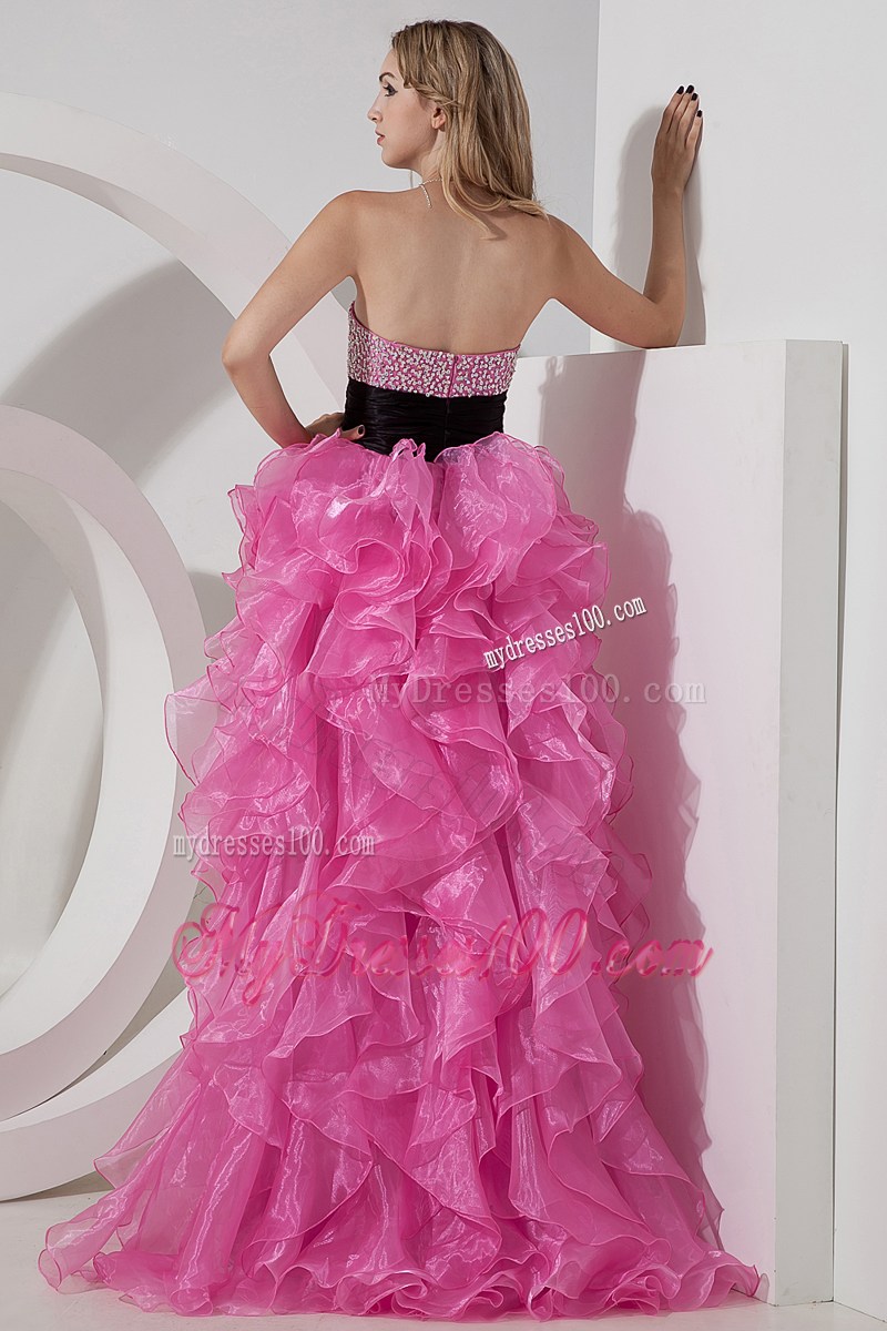 Rose Pink A-line Sweetheart High-low Prom Evening Dress with Black Waist