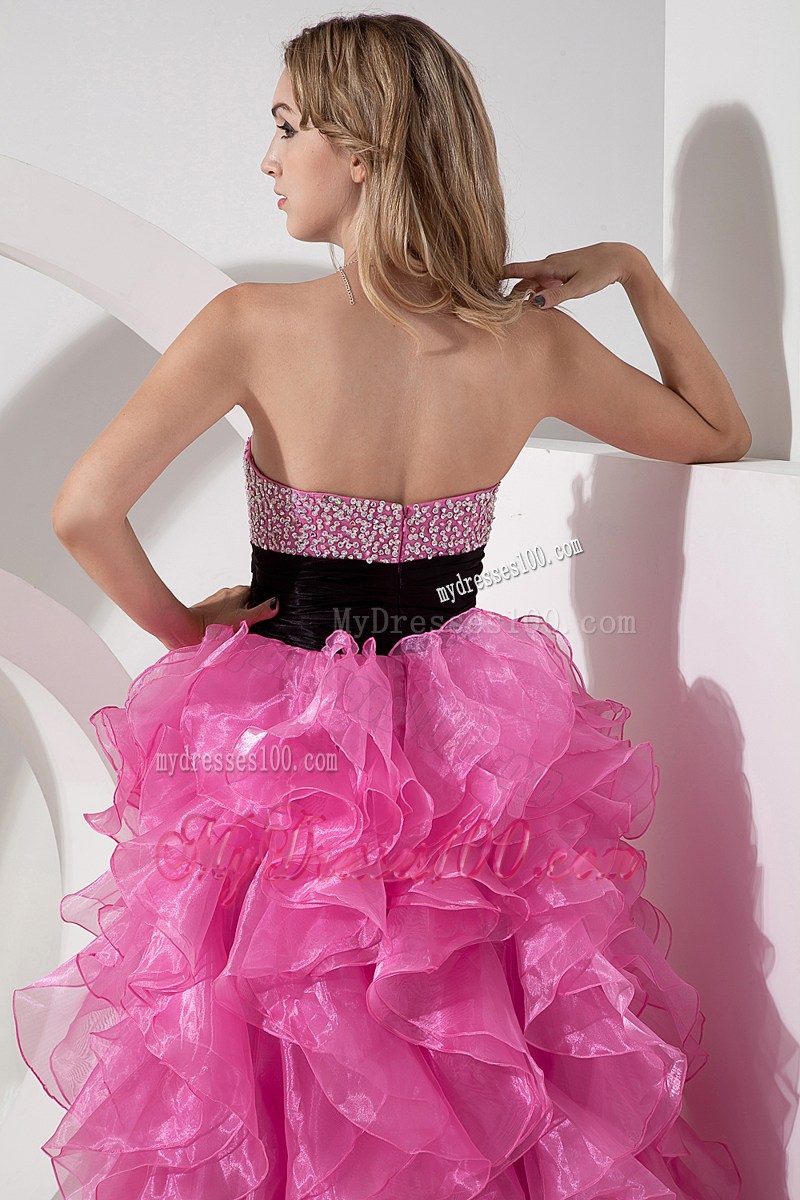 Rose Pink A-line Sweetheart High-low Prom Evening Dress with Black Waist