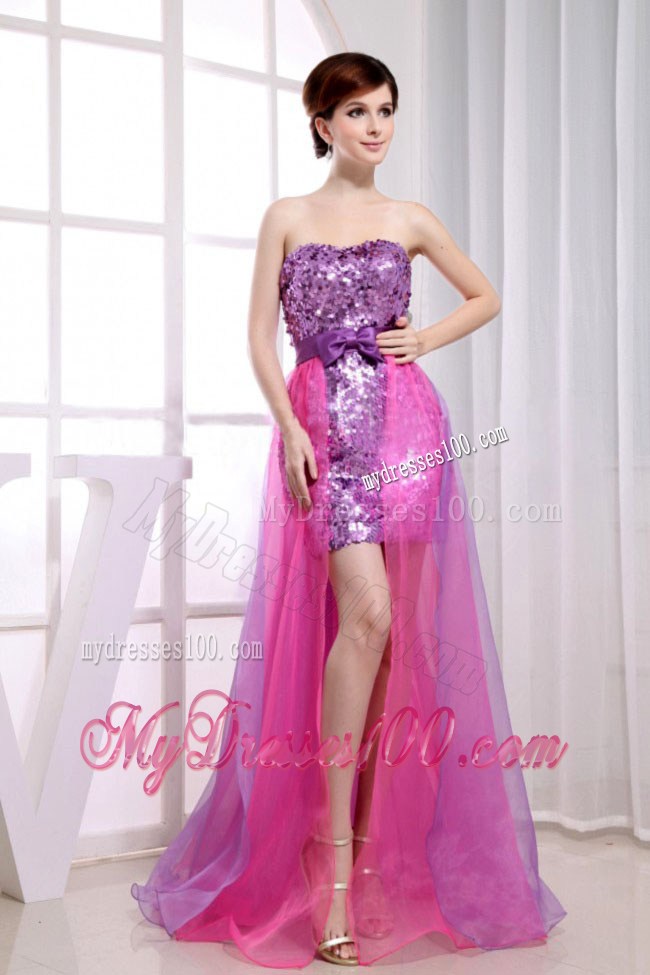 Fuchsia Strapless Paillettes Decorated High-low Prom Evening Dress