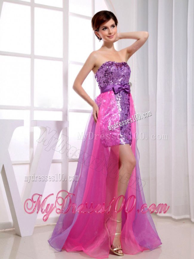 Fuchsia Strapless Paillettes Decorated High-low Prom Evening Dress