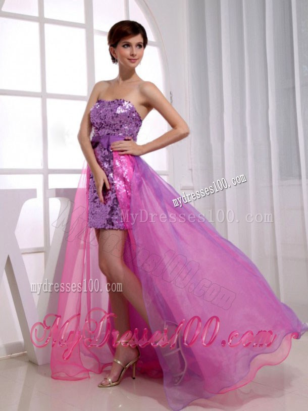 Fuchsia Strapless Paillettes Decorated High-low Prom Evening Dress