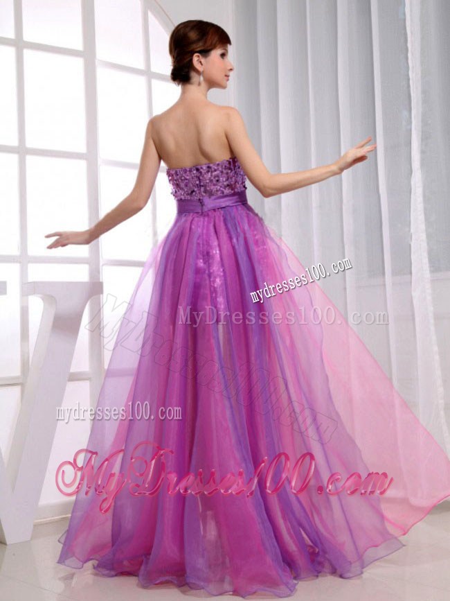 Fuchsia Strapless Paillettes Decorated High-low Prom Evening Dress