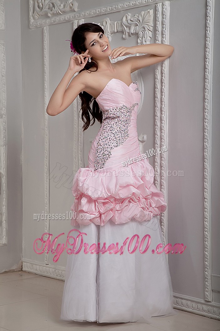 Ruched Baby Pink and White Mermaid Prom Gown with Beading and Pick-ups