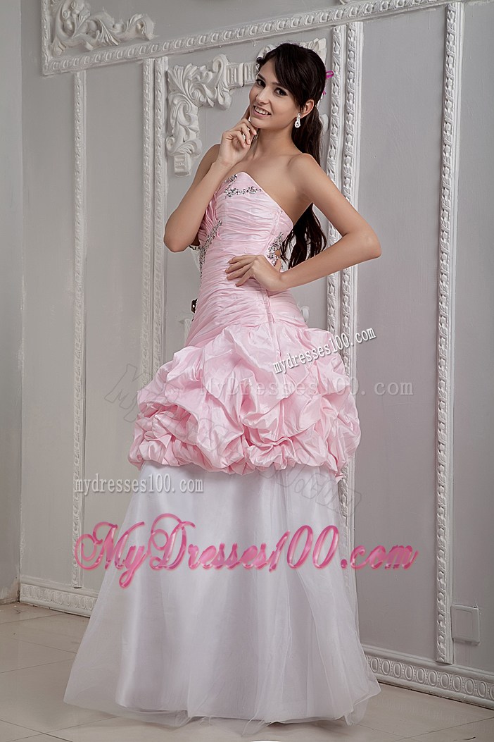 Ruched Baby Pink and White Mermaid Prom Gown with Beading and Pick-ups