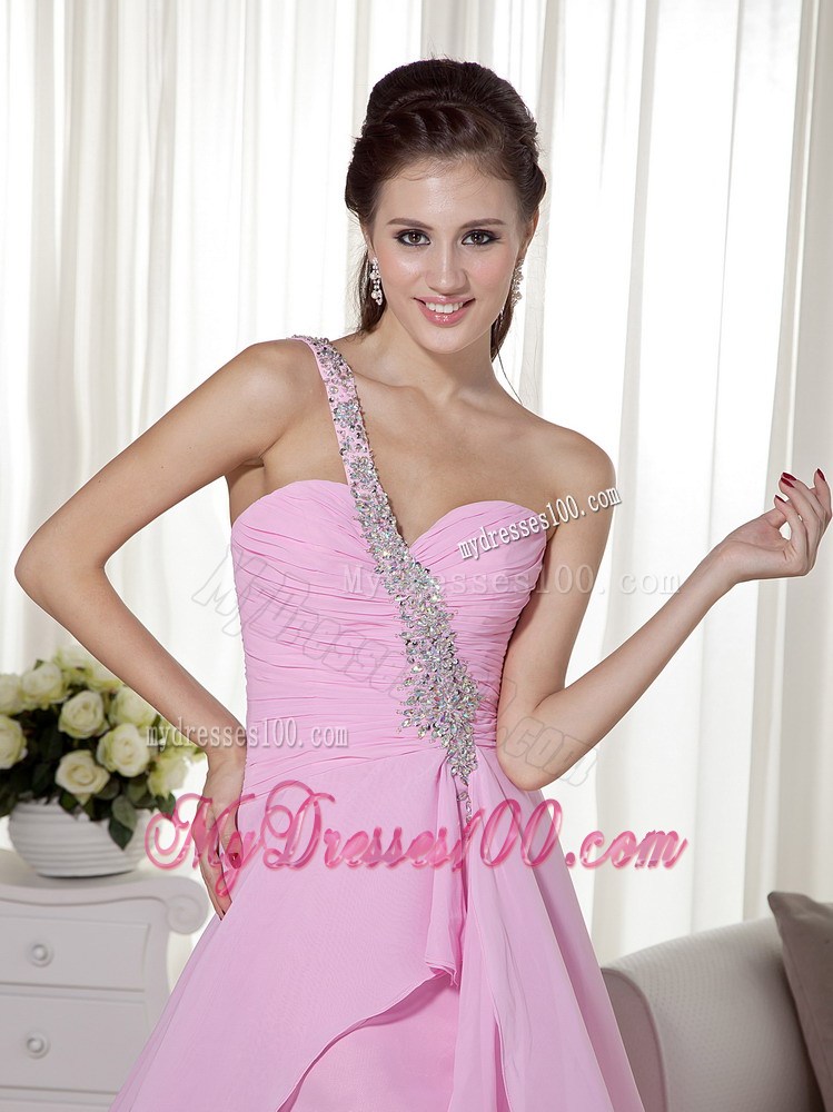 Beading Decorated One Shoulder High-low Pink Chiffon Prom Evening Dress