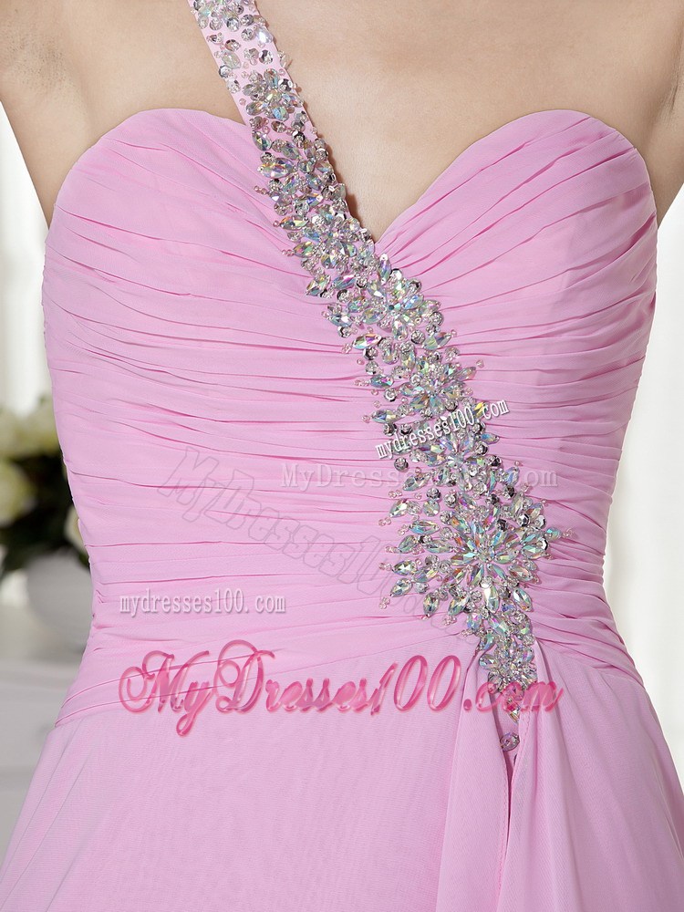 Beading Decorated One Shoulder High-low Pink Chiffon Prom Evening Dress