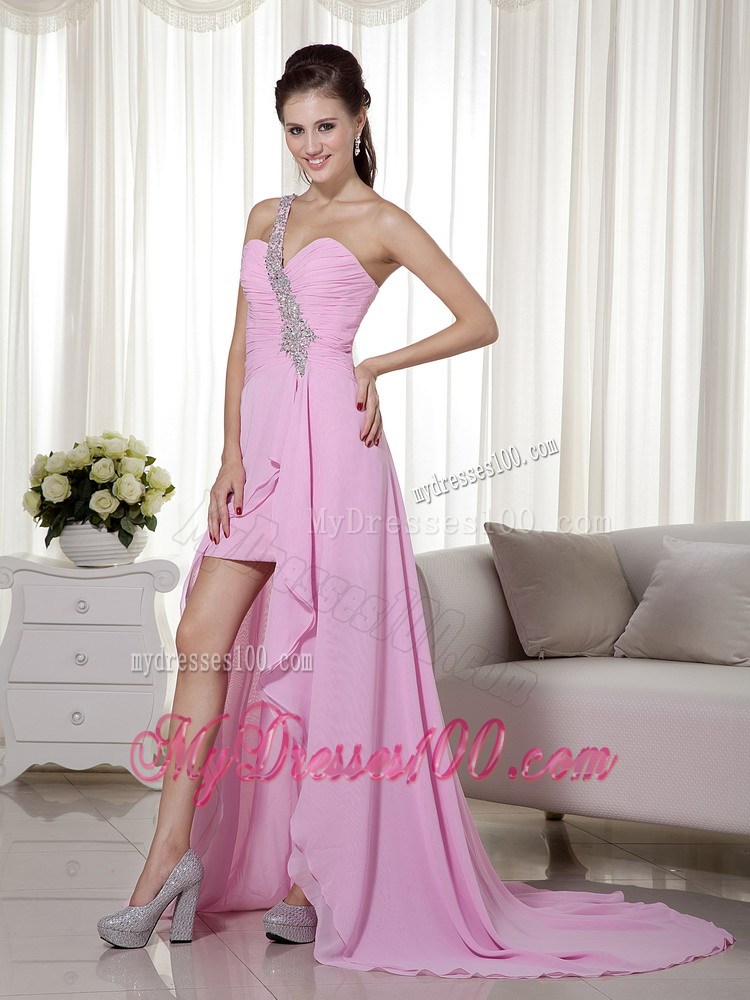 Beading Decorated One Shoulder High-low Pink Chiffon Prom Evening Dress