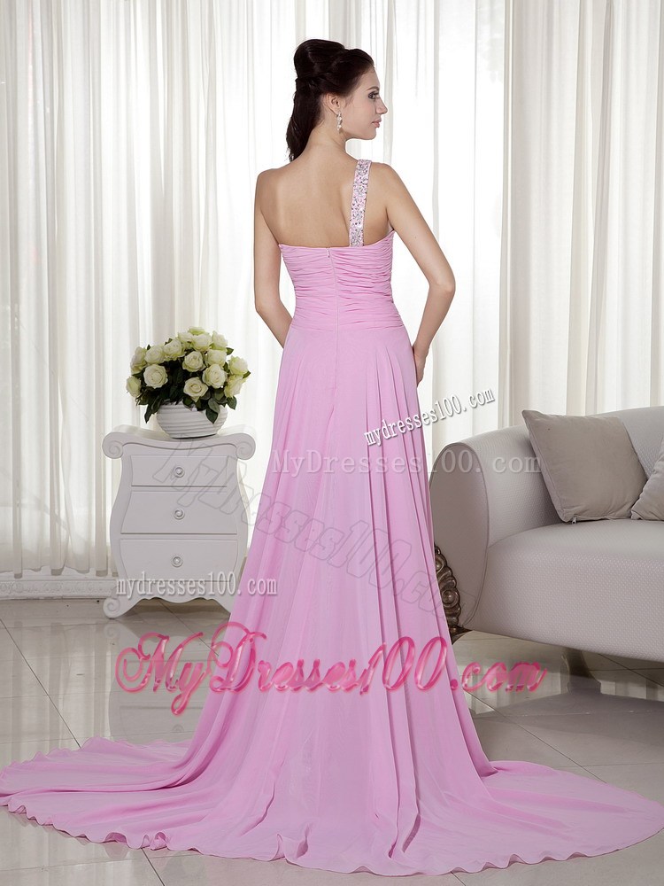 Beading Decorated One Shoulder High-low Pink Chiffon Prom Evening Dress