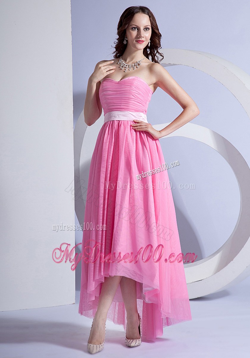 Pink Chiffon High-low Prom Dress with Sweetheart Neckline and Belt