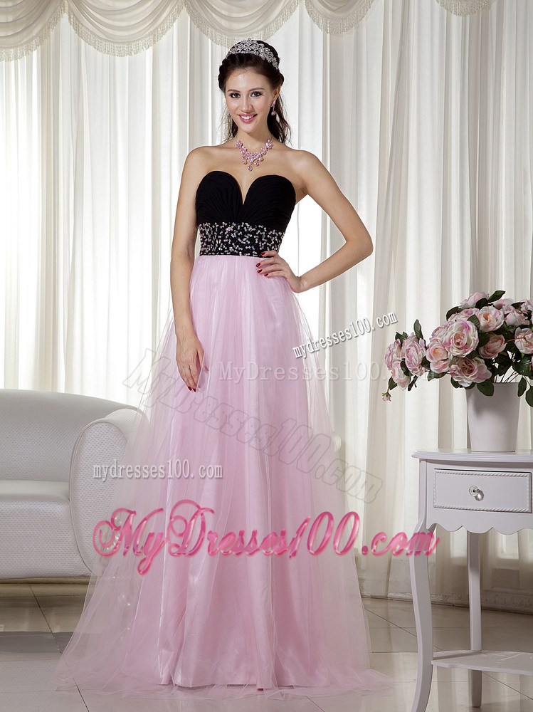 Pink and Black A-line Floor-length Taffeta and Tulle Prom Gown