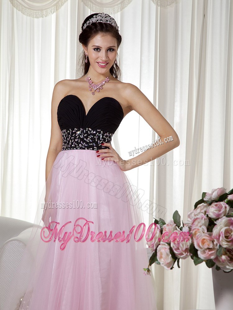 Pink and Black A-line Floor-length Taffeta and Tulle Prom Gown