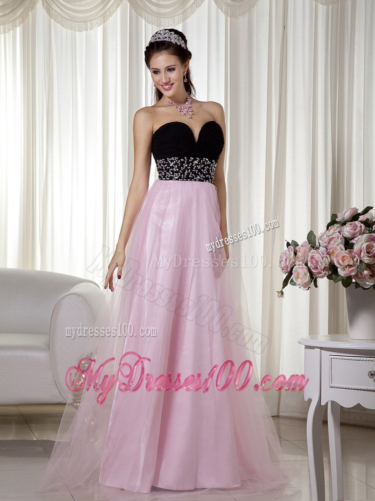 Pink and Black A-line Floor-length Taffeta and Tulle Prom Gown