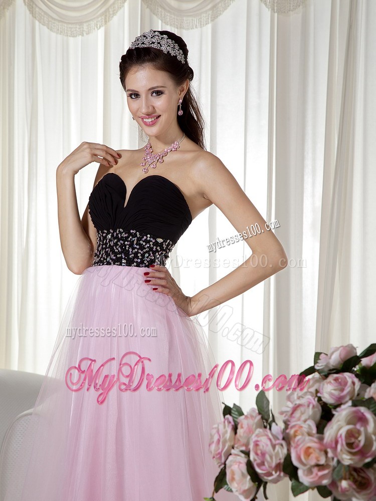 Pink and Black A-line Floor-length Taffeta and Tulle Prom Gown