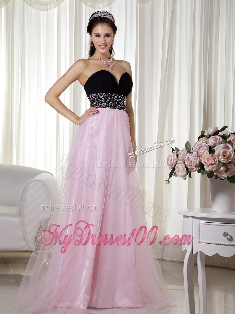 Pink and Black A-line Floor-length Taffeta and Tulle Prom Gown