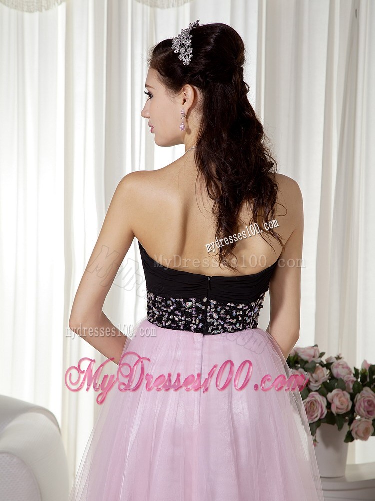Pink and Black A-line Floor-length Taffeta and Tulle Prom Gown