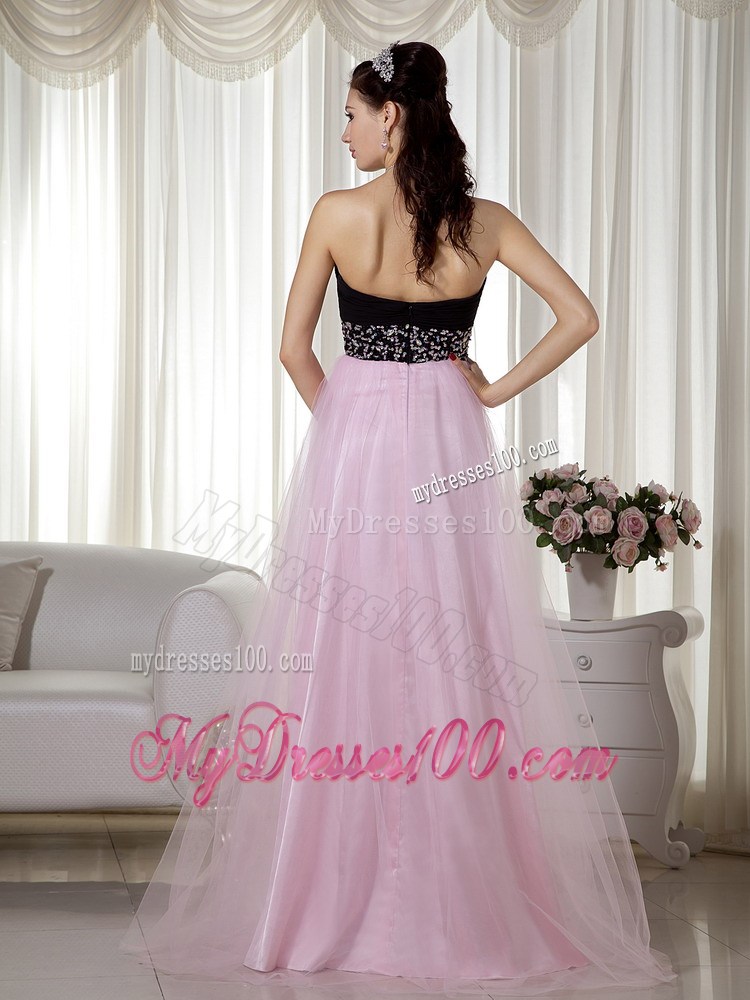 Pink and Black A-line Floor-length Taffeta and Tulle Prom Gown