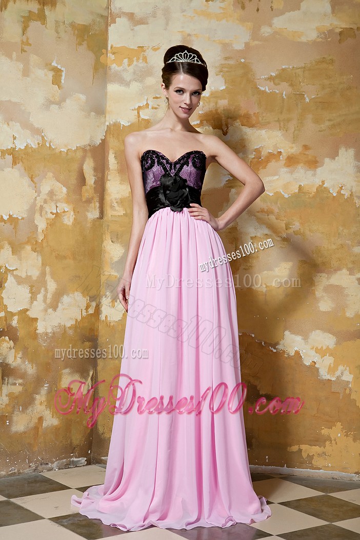 Black and Baby Pink Brush Train Prom Gowns with Hand-made Flowers