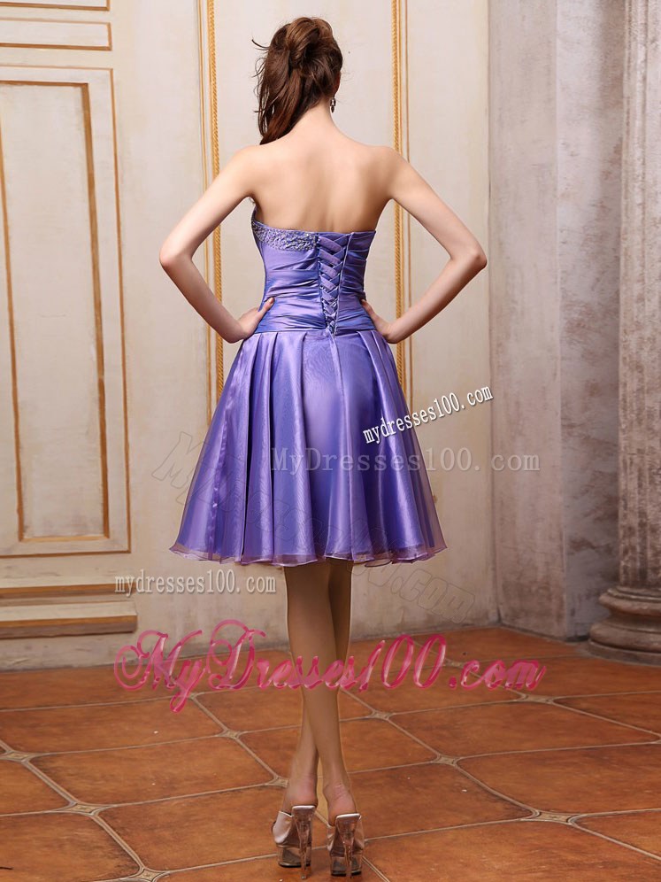 Purple Sweetheart Beaded Knee-Length Prom Dress with Bowknot