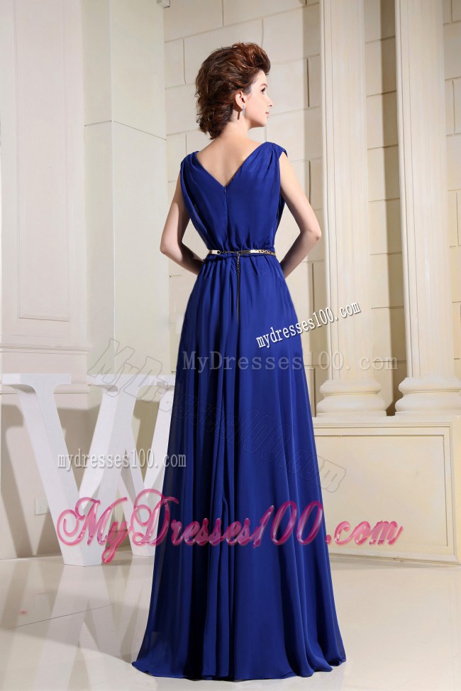 Noble V-neck Floor-length Pleated Dresses For Prom in Royal Blue Chiffon